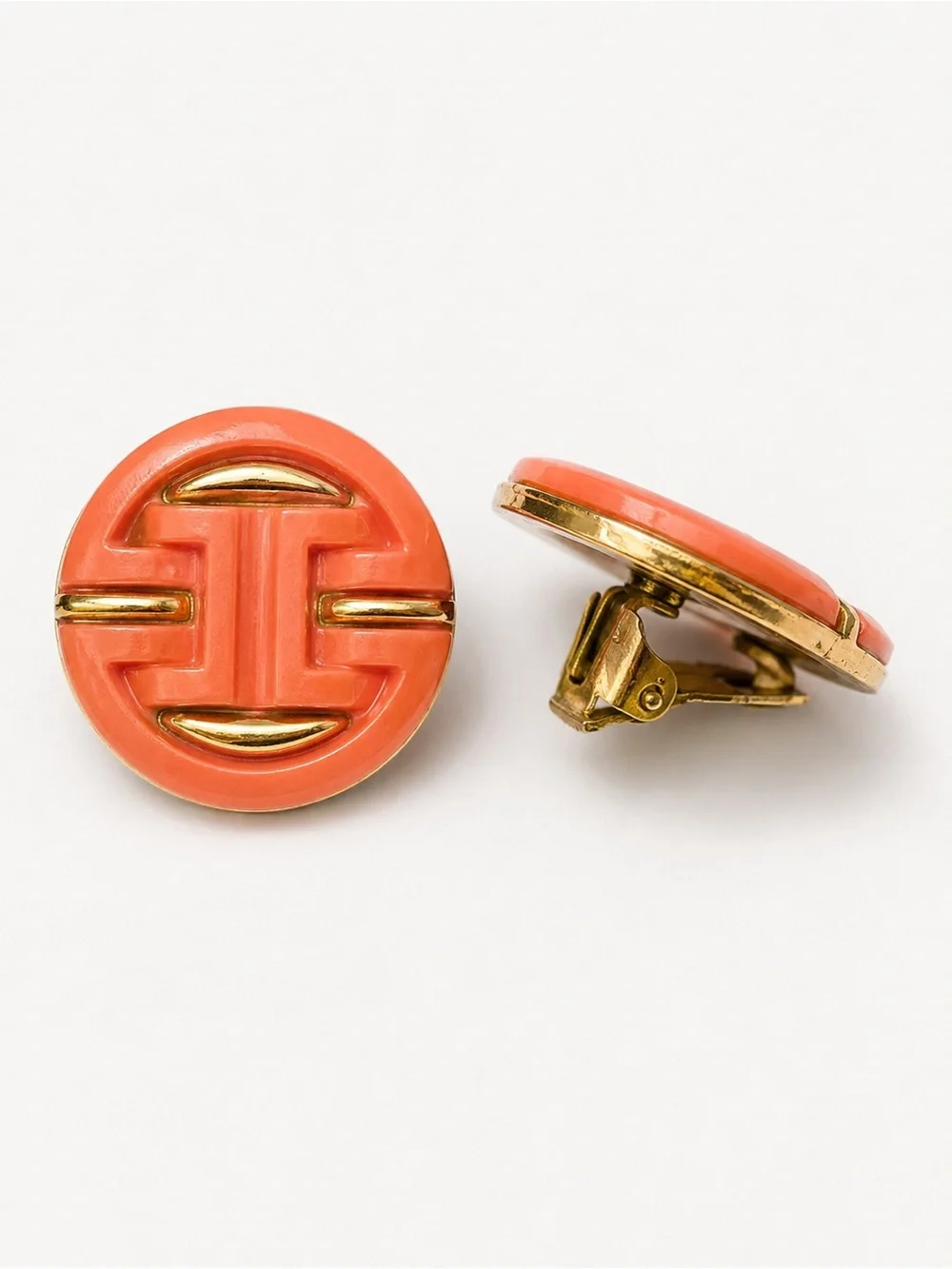 Vintage Coral Lucite Clip-On‎ Earrings Gold Tone Geometric Mod Retro 1980s